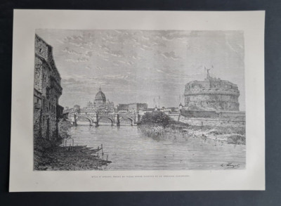 Antiker (1873) Druck - Tiber - Engelsburg - Parco Adriano - Rom