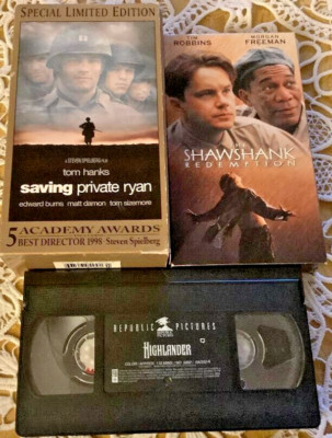 Saving Private Ryan, Highlander, The Shawshank Redemption 4 VHS tapes, 3 movies