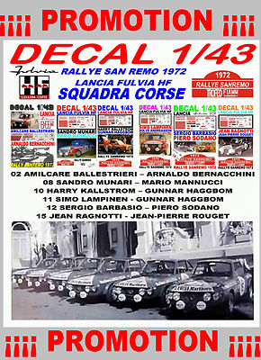 DECAL 1/43 SET RALLYE SAN REMO 1972 LANCIA FULVIA HF LANCIA TEAM (01)