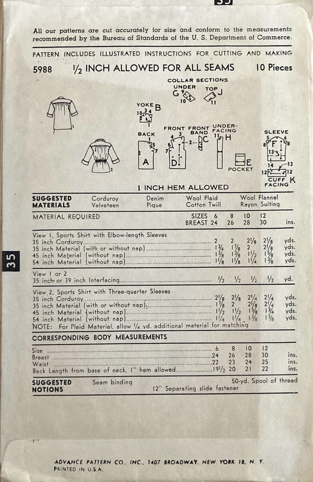 Advance 5988 Vintage Girls Shirt Pattern Size 6 - Image 2 of 2