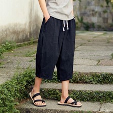 Men Cotton Linen Hiphop Harem Pants Trousers Wide Leg Baggy Casual Loose Shorts