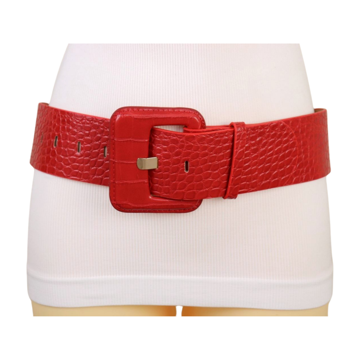 Women Red Wide Faux Leather Animal Skin Stamp Statement Belt  display picture 1
