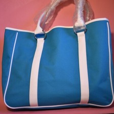 Lancome Turquoise Canvas Tote Double Faux Leather Handle Floral Liner Beach Bag