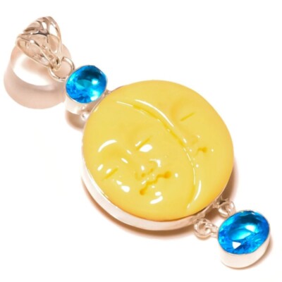 Engraved Double Moon Face & Blue Topaz Gemstone 925 Silver Handmade Yoga Pendant