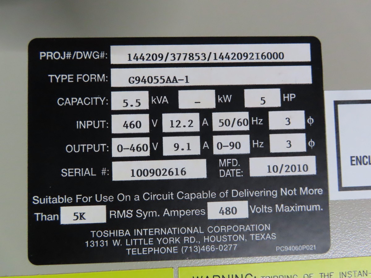 TOSHIBA VFD VT130G9U4055 5KVA AC DRIVE 12.2A 3PH 380/480V 3PH G9