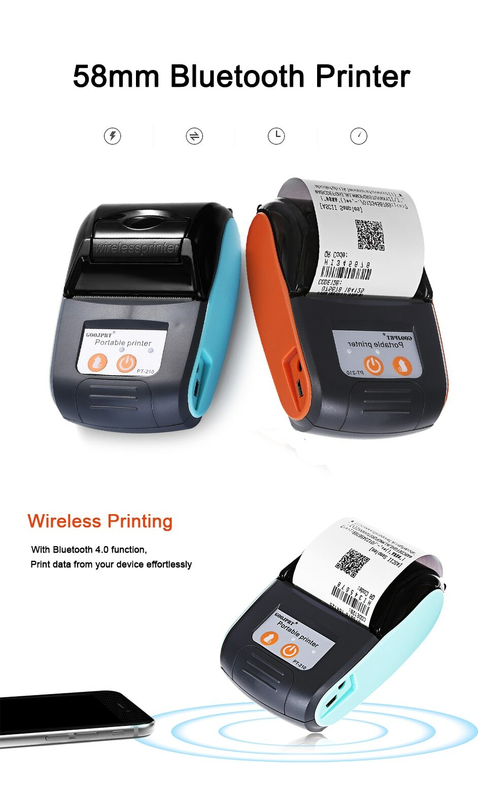Imprimante thermique 58mm Bluetooth mini sans fil ticket portable universel de poche