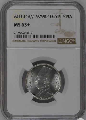 EGYPT , SILVER 5 PIASTRES KING FUAD FOUAD 1929 BP NGC MS 63+ (AL) , RARE