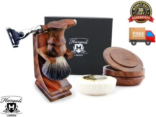 Traditional Wood Men Shaving Kit 3 Edged Razor Brush Soap and Bowl ...