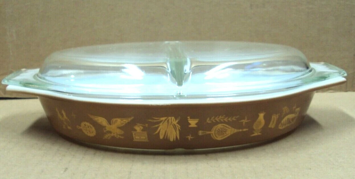 Vtg PYREX 1.5 qt USA Divided Casserole Dish w/ Lid 945 C 36 ~ EARLY AMERICAN