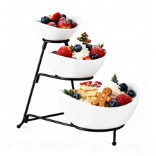 3 Tiered Oval Serving Bowl With Collapsible Metal Rack, Chip and Dip Serving ...