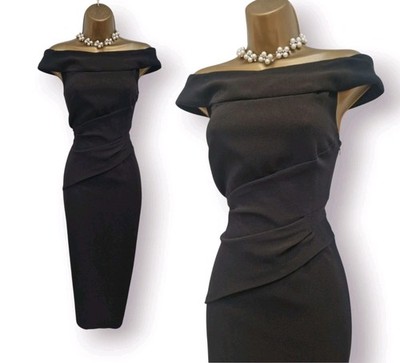 Karen Millen UK 12 elegantes schwarzes Krepp Bardot Wackel Bleistift Anlass Midikleid