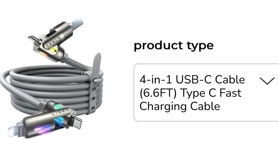Lisen 240w Chubby Cable, 4 In 1. USB - C fast Charging Cable. 6.6ft. Brand New. - Image 2 of 4