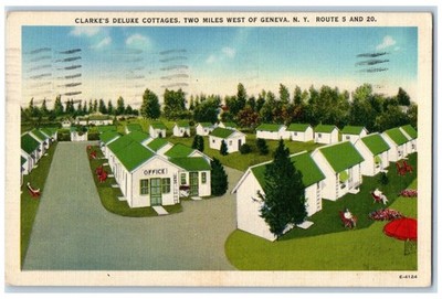 1941 Clarke's Deluxe Cottages Offices Two Miles West Geneva New York NY Postcard