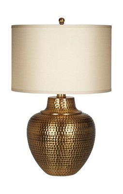 Rustic Table Lamp 27'' Tall Hammered Antique Brass, Cream Linen Drum Shade
