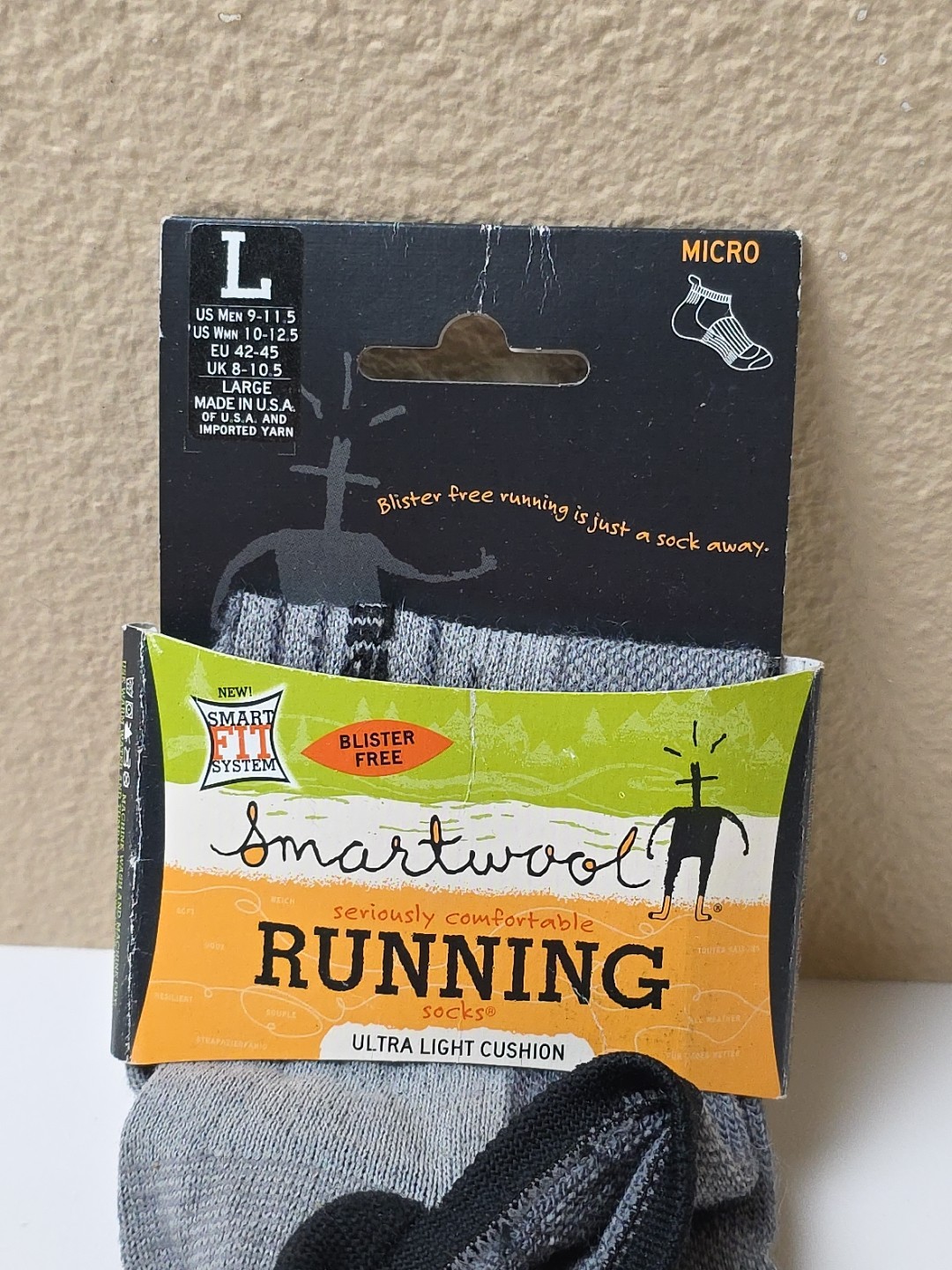 Smartwool RUNNING Socks Gray/blk Micro Large Men 9-11.5 Women 10-12.5 