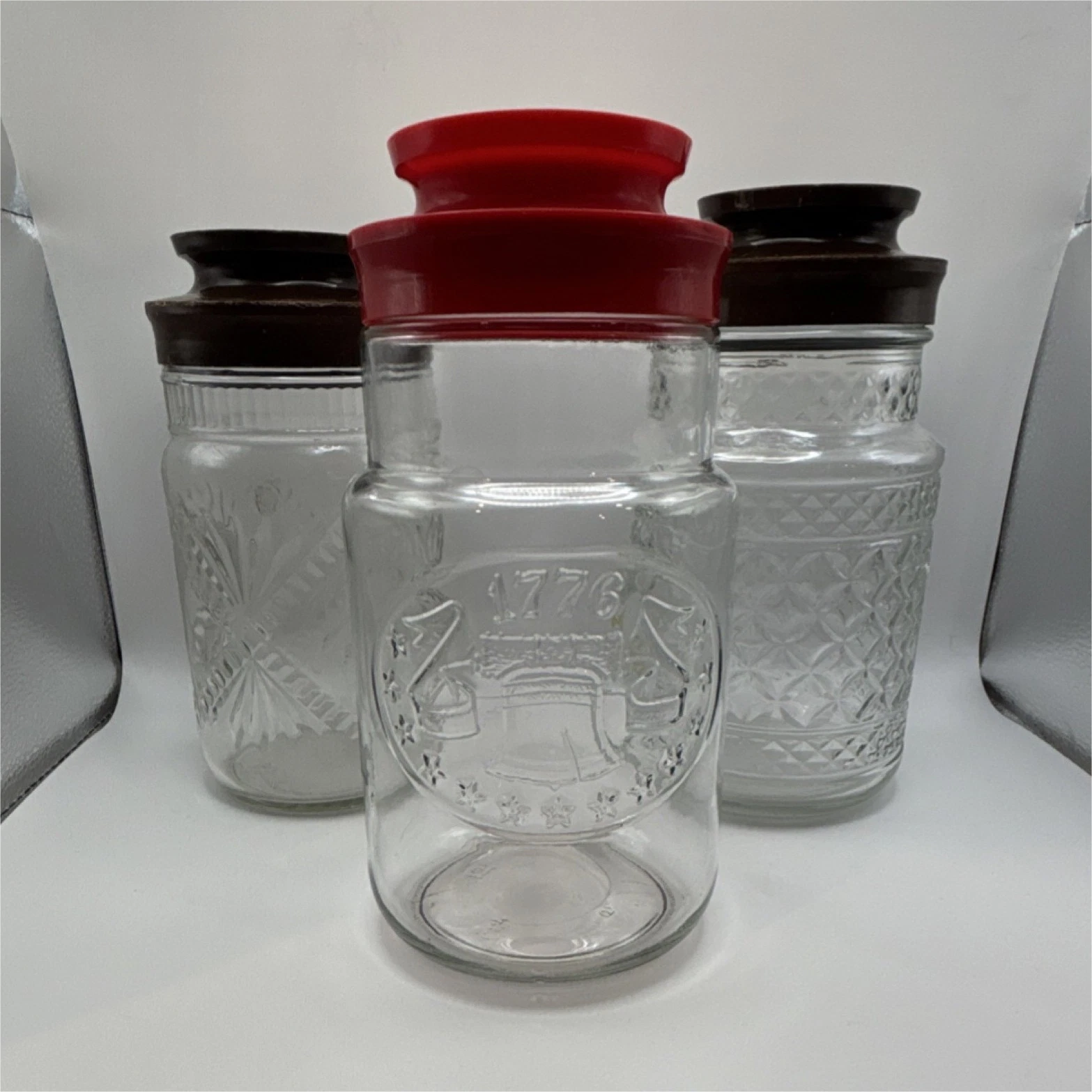 Set of 3 Vintage Embossed Glass Jars with Lids – Liberty Bell Design