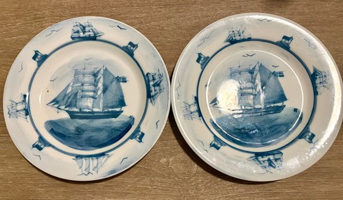 Oxney Green Nautical Blue and White Sailing Ship Salad Plates- TWO