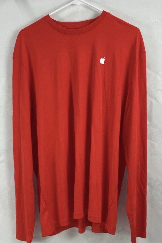 Men's Red Solid Long Sleeve Crew Neck White Apple Logo Graphic XL T-Shirt