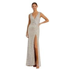 Mac Duggal Silver Nude V-Neck Sequin Wrap Waist Gown Size 4 Style 26598 NEW