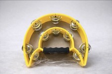Double Row Tambourine Hand Held Percussion Instrument Yellow Jingle Bells Grip