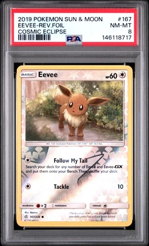 2019 POKEMON SUN & MOON COSMIC ECLIPSE #167 EEVEE-REVERSE FOIL PSA 8
