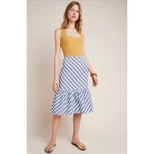 Anthropologie Maeve Ryanne Flounce Hem Striped Midi Preppy Coastal Skirt Size 6
