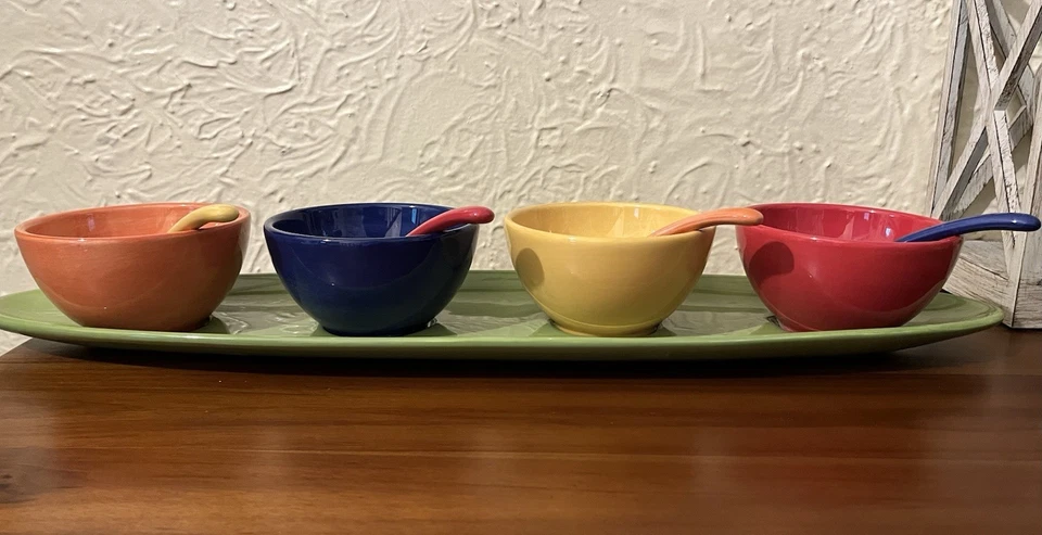 Pottery Barn Colorful Serve 4 Condiment Bowls Spoons & Dish New In Original Box - Image 3 of 4