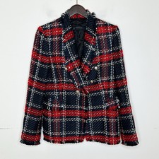 Zara Checked Jacket Tweed Tartan Loop Double Breasted Blazer Gold Button Small