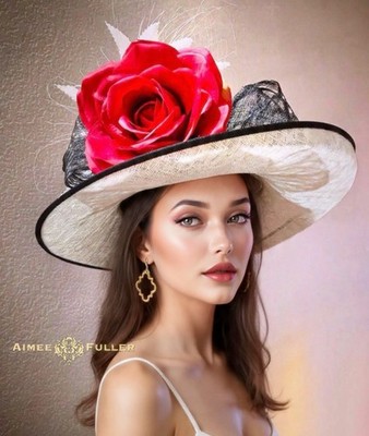 Red Rose Black White Kentucky Derby Hat Big Del Mar Races Hat Royal Ascot Hat
