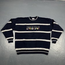 Vintage 90s Harbour Cove Yacht Club Knit Sweater Blue White Stripe XL USA Made