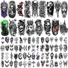 77 Sheets Gothic Temporary Tattoos, Mystery Spider Skull Fake Half Arm, grey