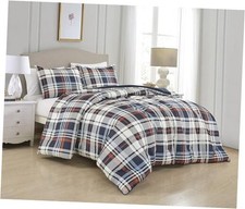 3-Piece Plaid Comforter Set Size - Blue Orange White Queen Multicolor Plaid