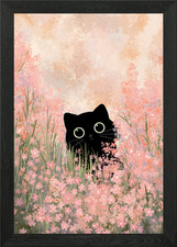 Black Cat Flower Field Framed Wall Art Poster Canvas Print Picture