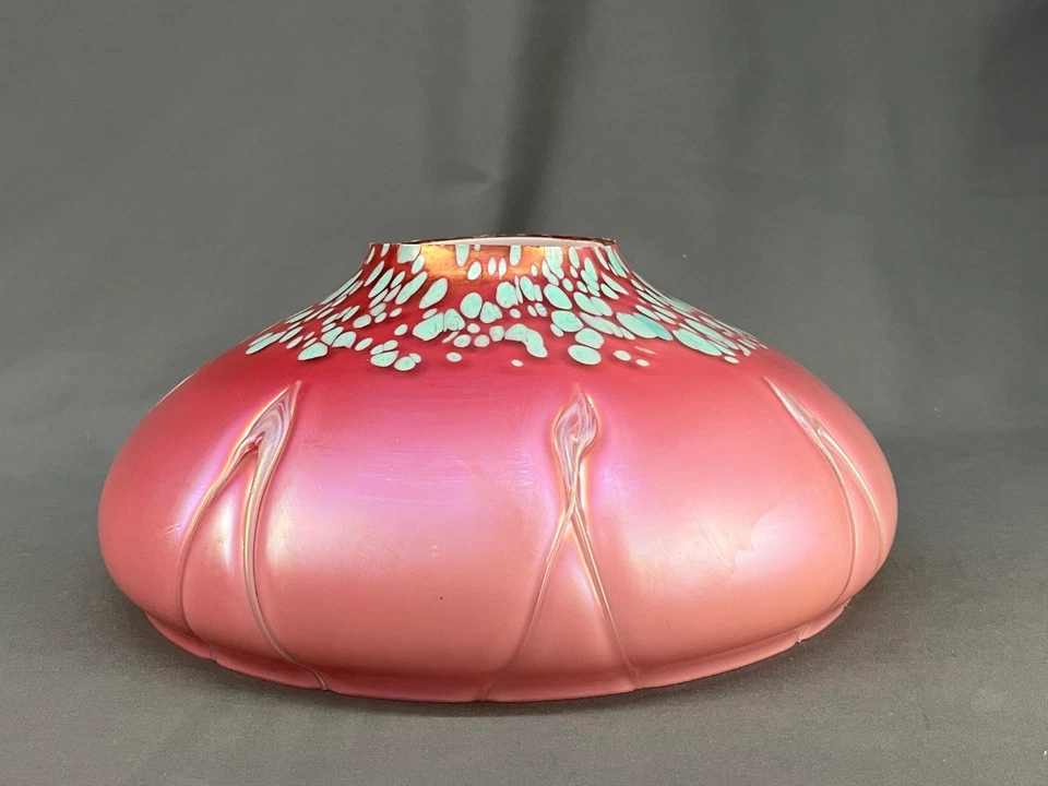 Antique Bohemian Cranberry Iridescent Dots/Threads Blown Glass 11 3/4" Fit Shade - Image 2 of 4