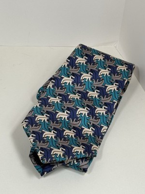 MC ESCHER Lizard Print Abstract Turquoise Blue Grey Beige Mens Silk Tie VTG RARE