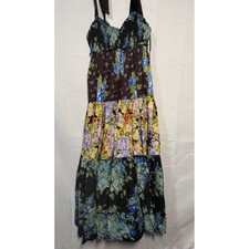Free People Tiered Floral Maxi Dress Bohemian Style Black Multi Color Strappy