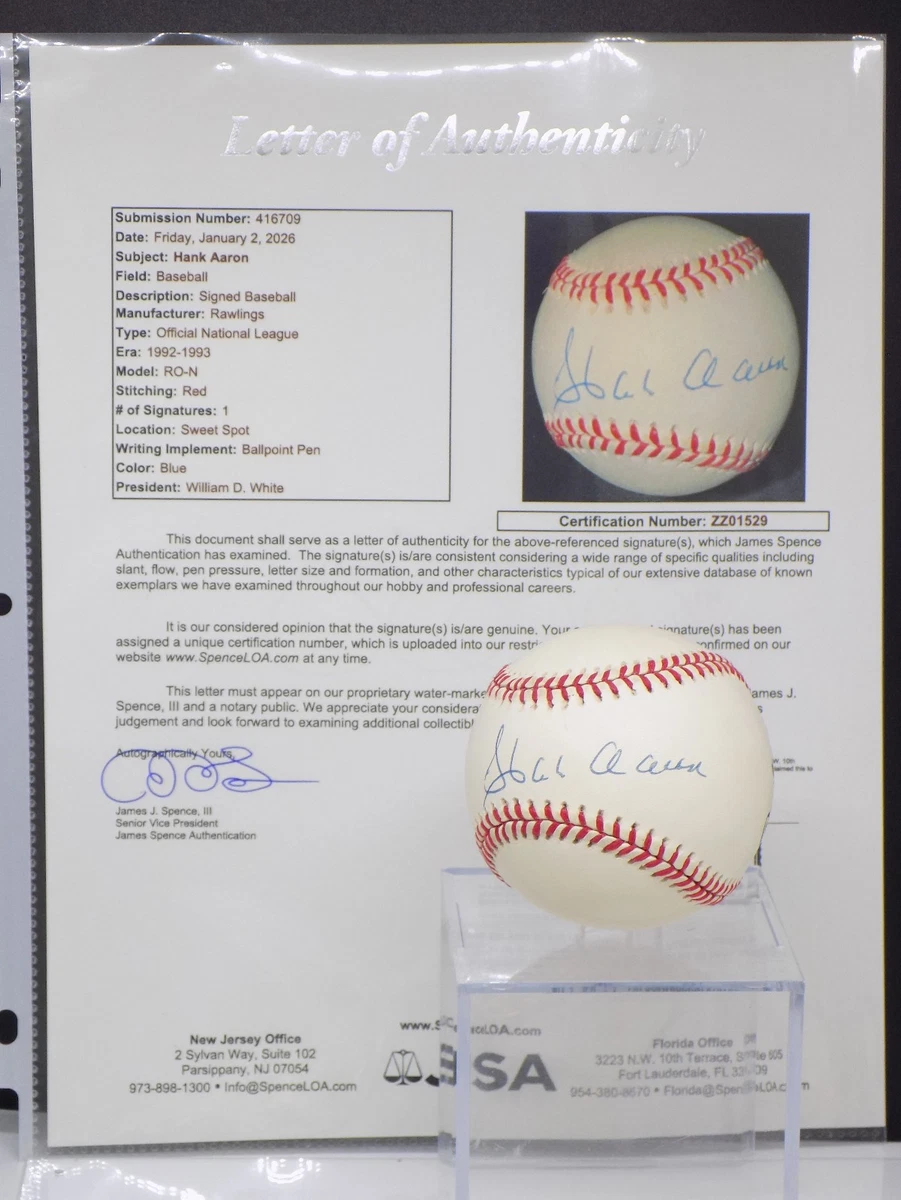 James Spence Authentication (JSA) Hank Aaron MLB Original