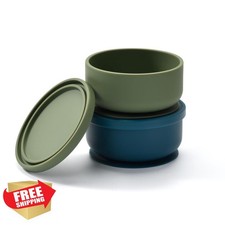 2-Pack Baby Suction Bowls w/ Lid, Silicone Non-Slip Feeding Toddler Green/Blue