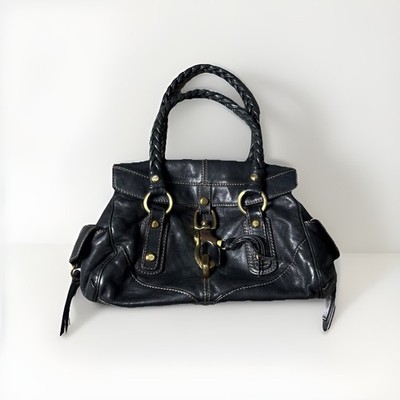 Francesco Biasia Shoulder Bag Purse Black Leather Braided Clasp Satchel 90s Y2K