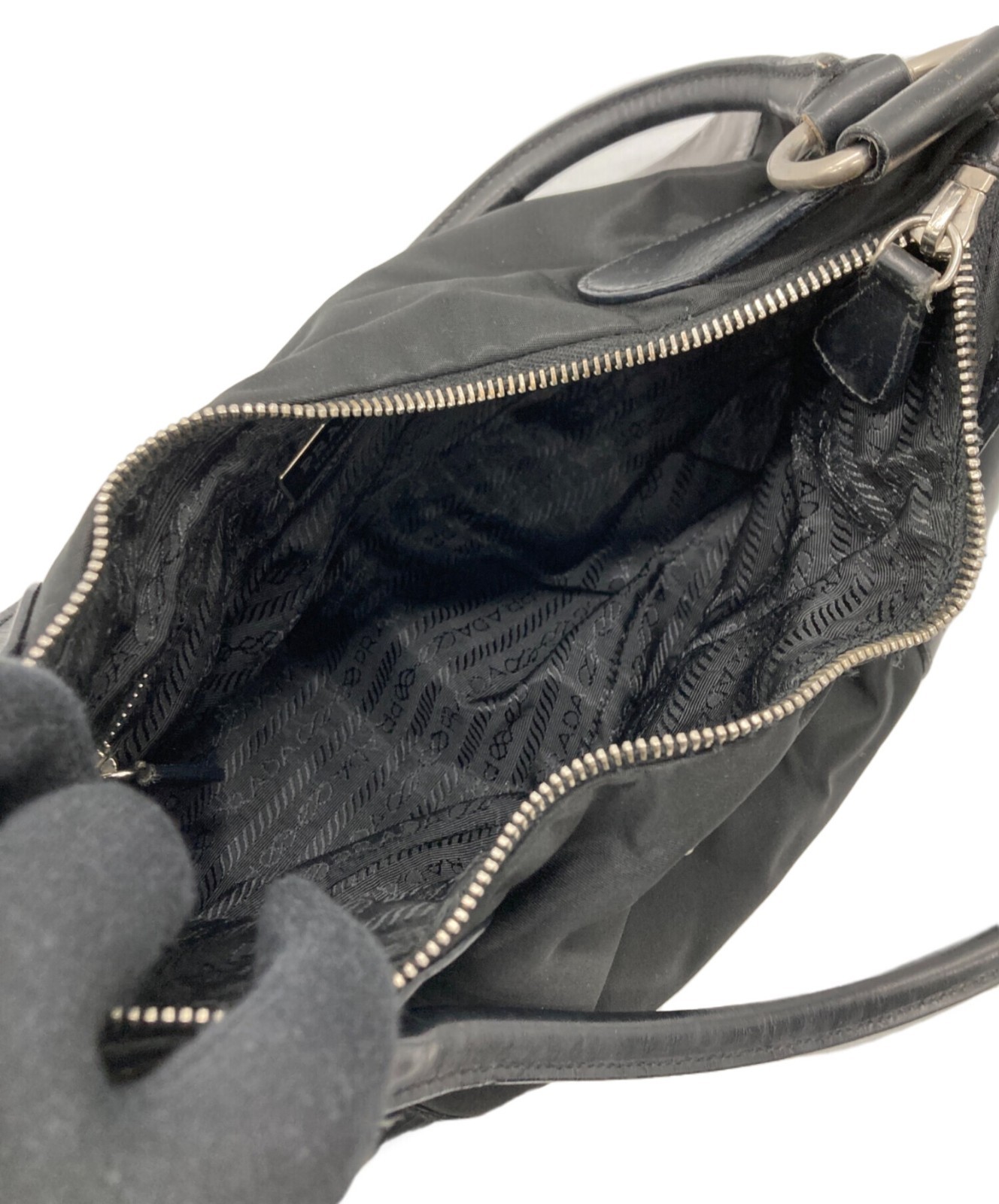 Prada Black Handbag Tote Bag Leather Women Shoulder Bag Italy Used thumbnail 10