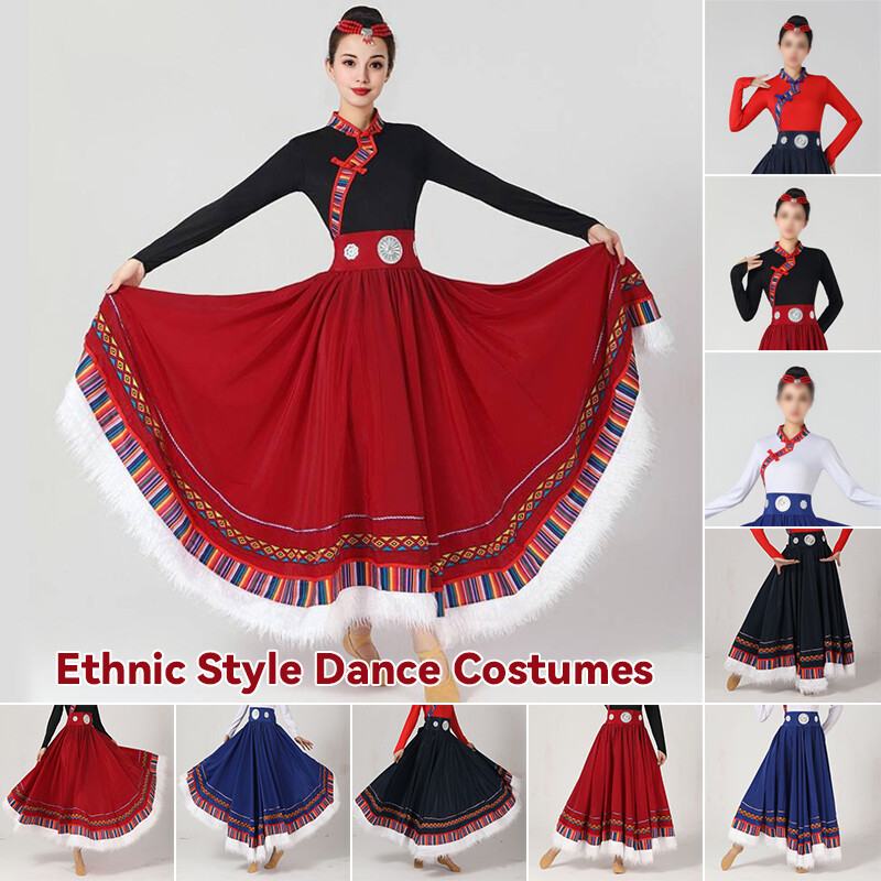 Disfraz de Danza Tibetana Tradicional China Folk Escenario Festival Conjunto Faldas Largas