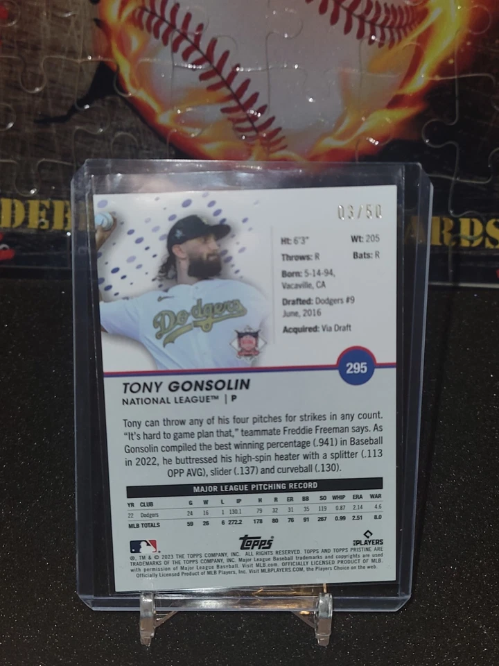 2023 Topps Pristine Tony Gonsolin Gold Refractor #/50 Los Angeles Dodgers  - Image 2 of 2