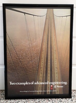 Framed original Classic Car Ad for Rover P6 and the Severn Bridge from 1972