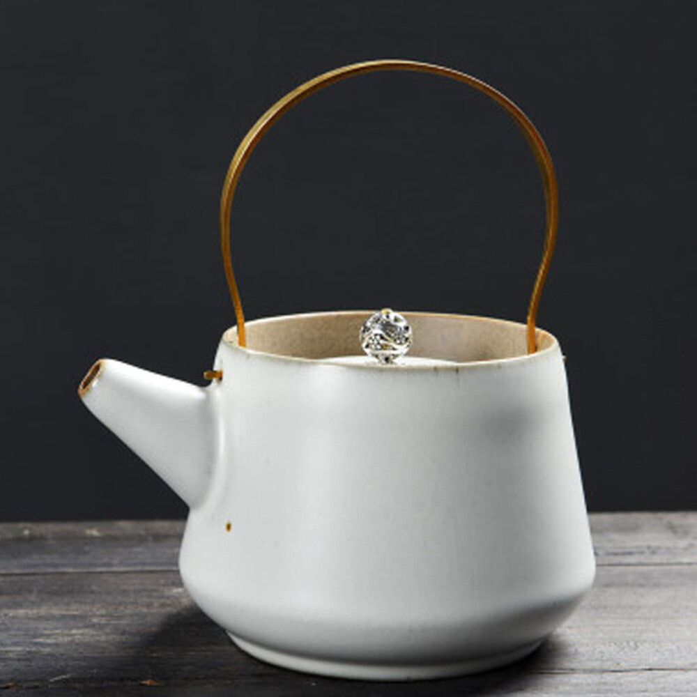  White Ceramics Boil Teapot Office Stainless Steel Trim Portable