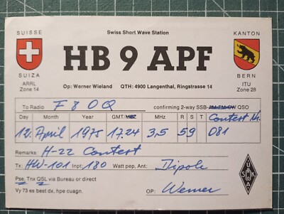BR0203 Amateurfunkkarte QSL - 1976 HB9APF WERNER WIELAND - LANGENTHAL