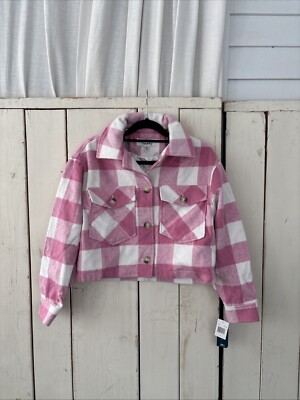 Sebby Plaid Jacket Pink White Satin Lined Button Closure Size Small Crop NWT