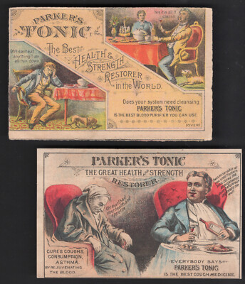 2 PARKER'S TONIC TRADE CARDS, BEFORE & AFTER ~ SURE CURE ALL FOR EVERYTHING A545