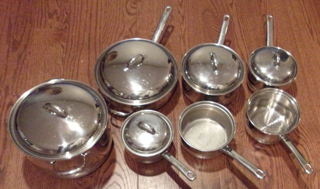 Vintage Belgique Stainless Steel 12 Pc Stock Pot Pans Sauce Made In