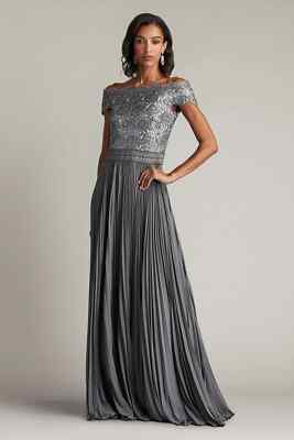TADASHI SHOJI Silver Gunmetal Bode Sequin Lace Off the Shoulder Pleated  Gown 10