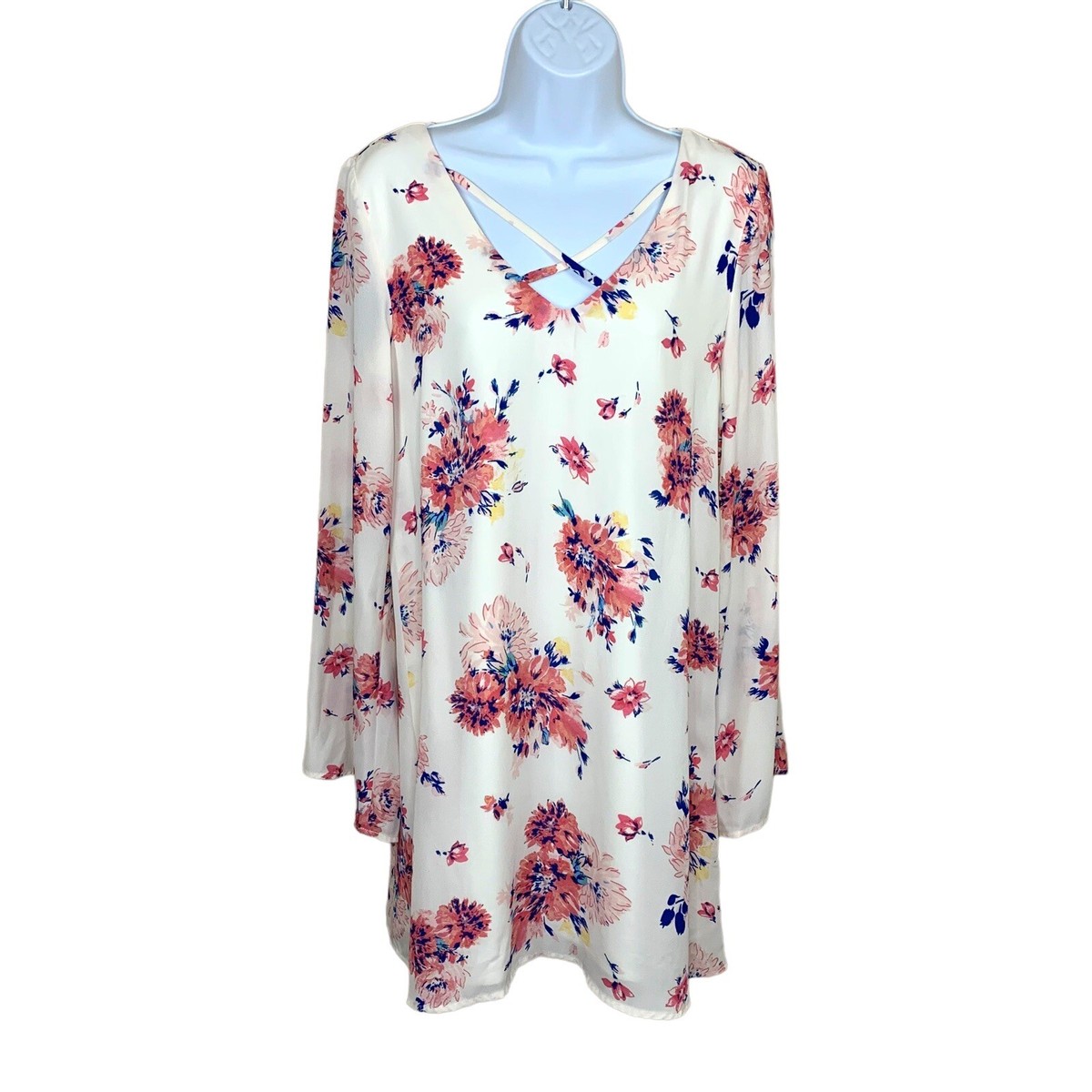Medium White Floral Peasant Boho Dress Shift V Neck Lined Long Sleeve